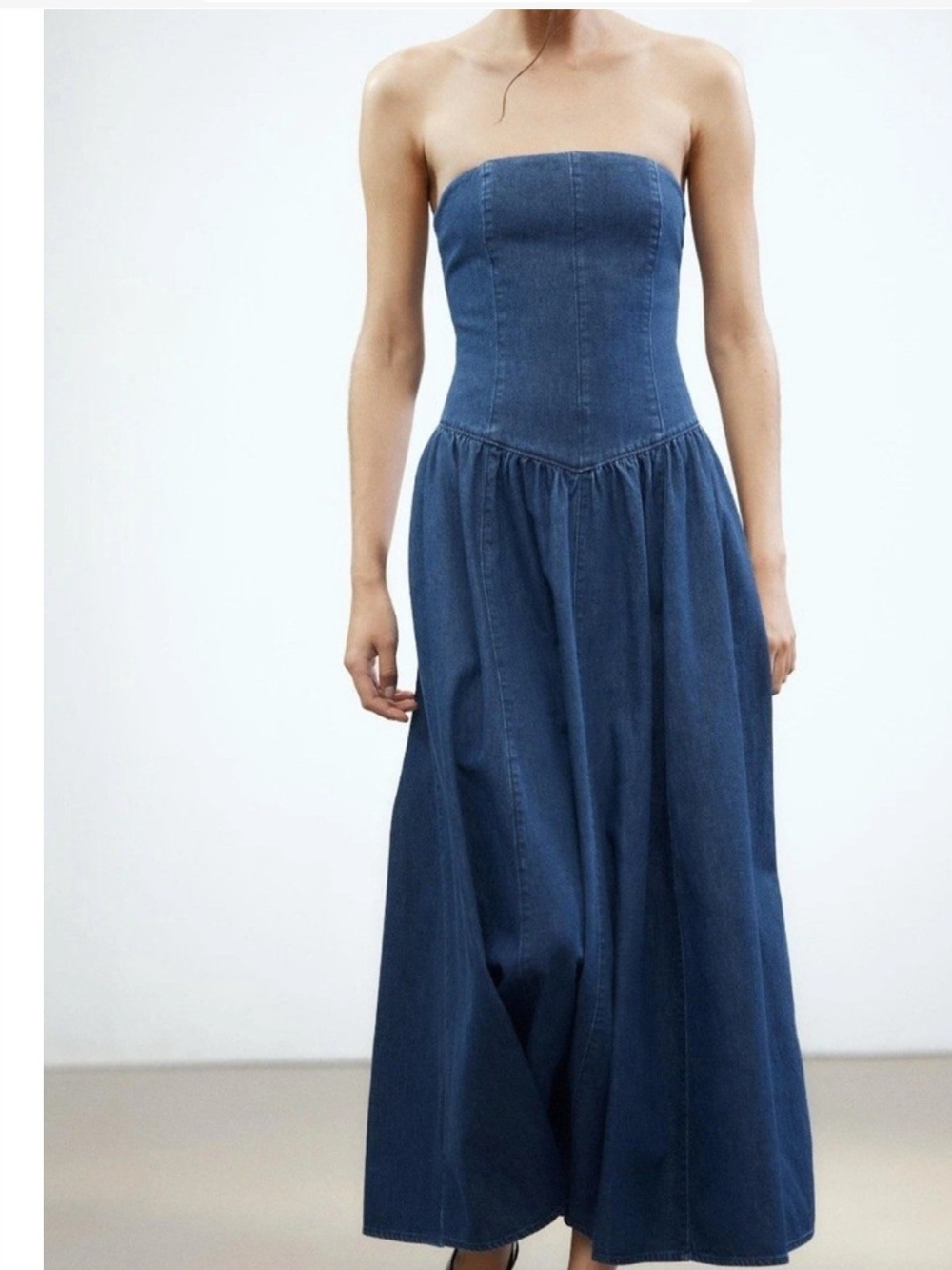 Zara Strapless Dark Blue Denim Maxi Dress